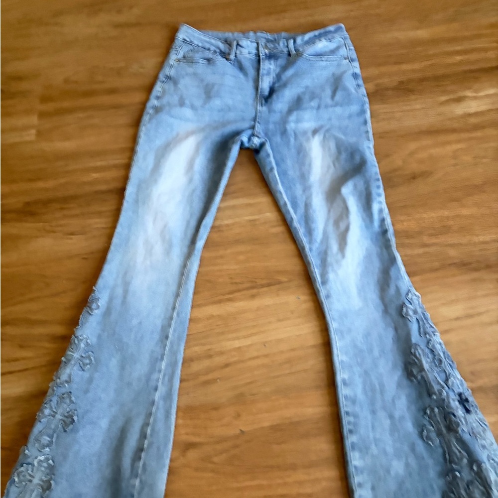 BAMBOO Light Blue Flare Jeans with Embroidery